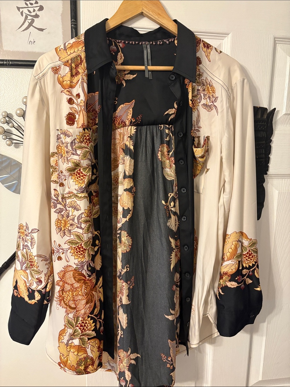 Anthropologie Floral Satin Contrast Button-Up Shirt Jacket in Cream & Black